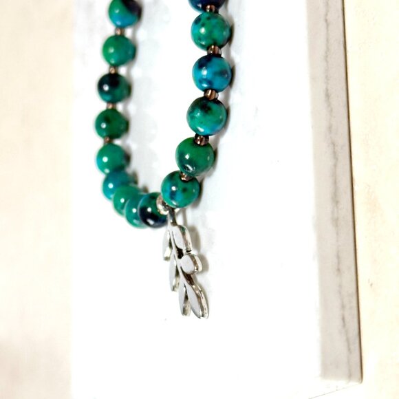 Teal Chrysocolla Short Necklace, Genuine Gemstone & Silver Leaf Branch Pendant - Picture 6 of 13